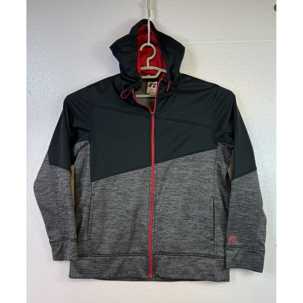 Russell Mens Athletic Fusion Knit Hoodie Jacket Sz M 38/40‎ Black Gray Full zip